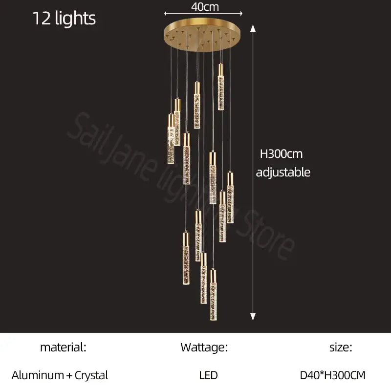 Modern gold and crystal cylindrical stair chandelier living room