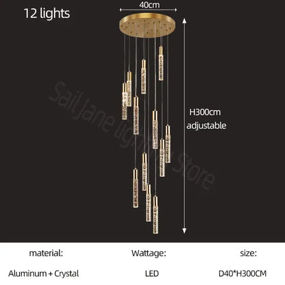 Modern gold and crystal cylindrical stair chandelier living room