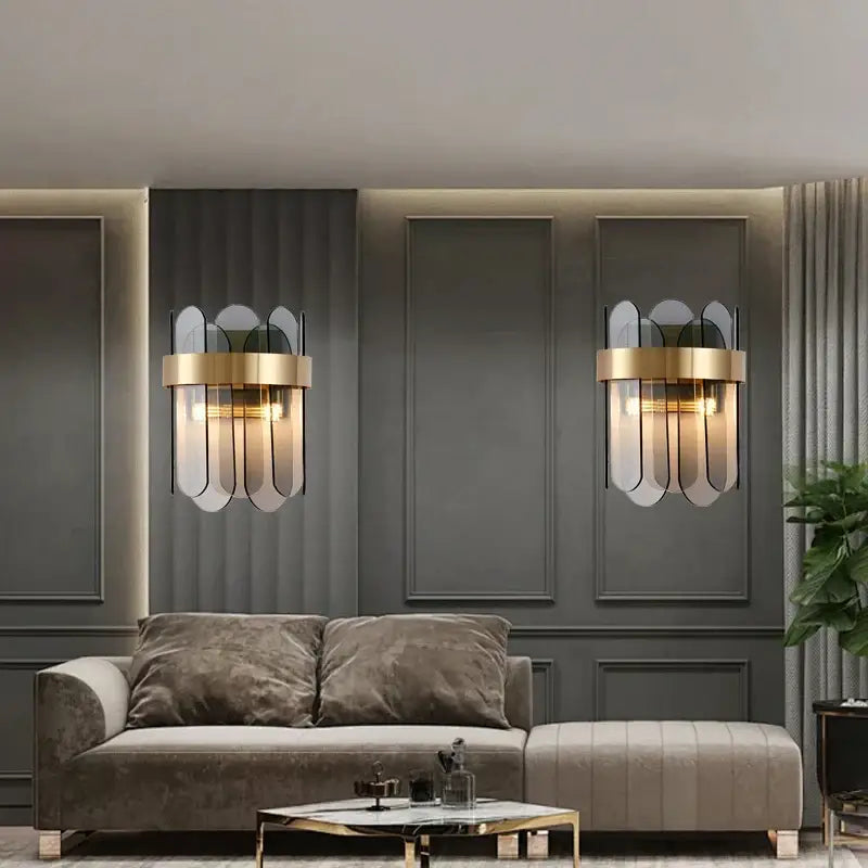 Modern gold and gray glass wall lamp living room leaf sconce