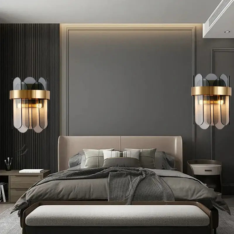 Modern gold and gray glass wall lamp living room leaf sconce