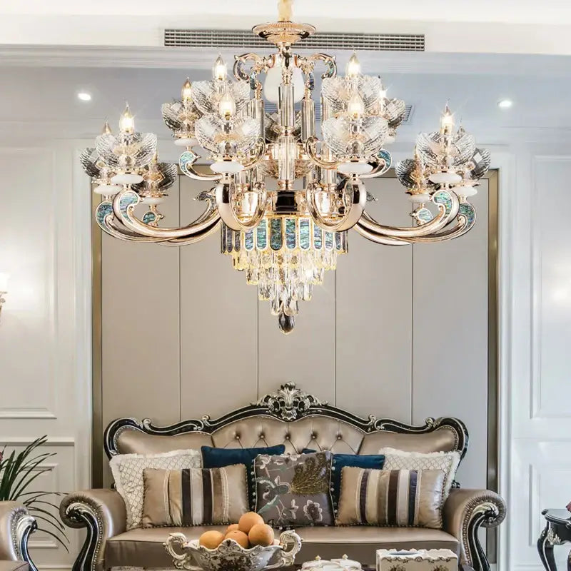 Modern gold and teal crystal candle chandelier living room light