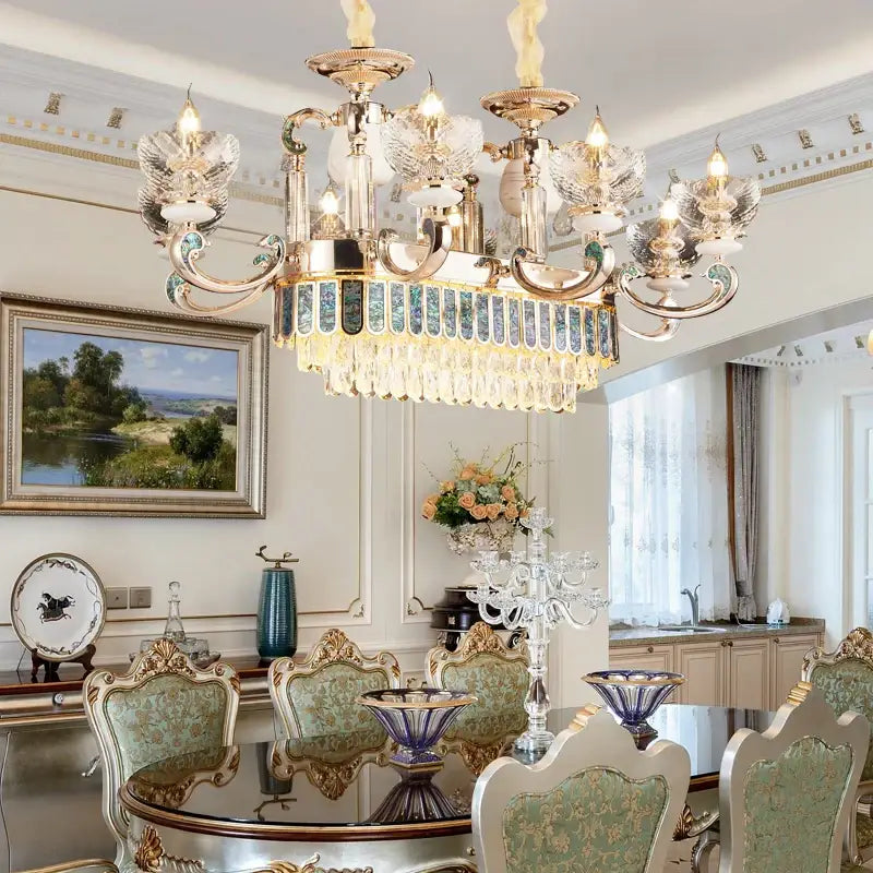 Modern gold and teal crystal candle chandelier living room light