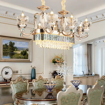 Modern gold and teal crystal candle chandelier living room light
