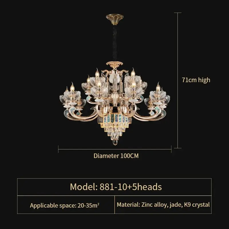Modern gold and teal crystal candle chandelier living room light