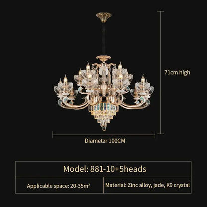 Modern gold and teal crystal candle chandelier living room light