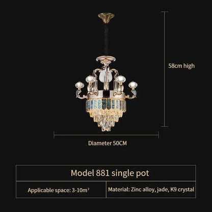 Modern gold and teal crystal candle chandelier living room light