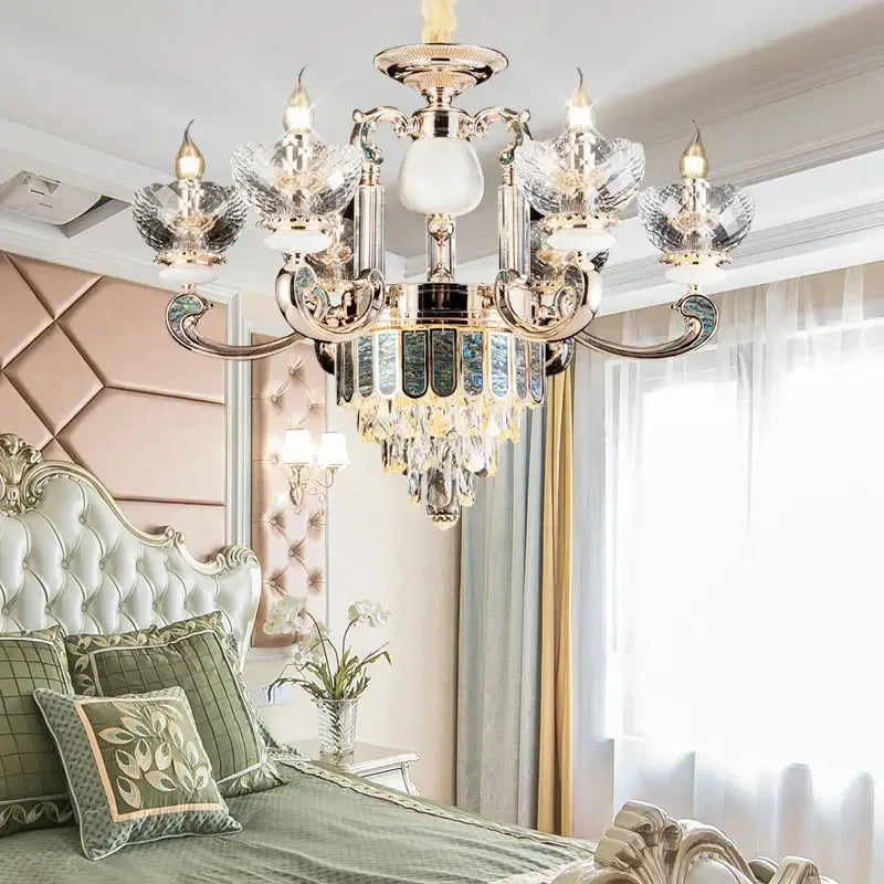 Modern gold and teal crystal candle chandelier living room light