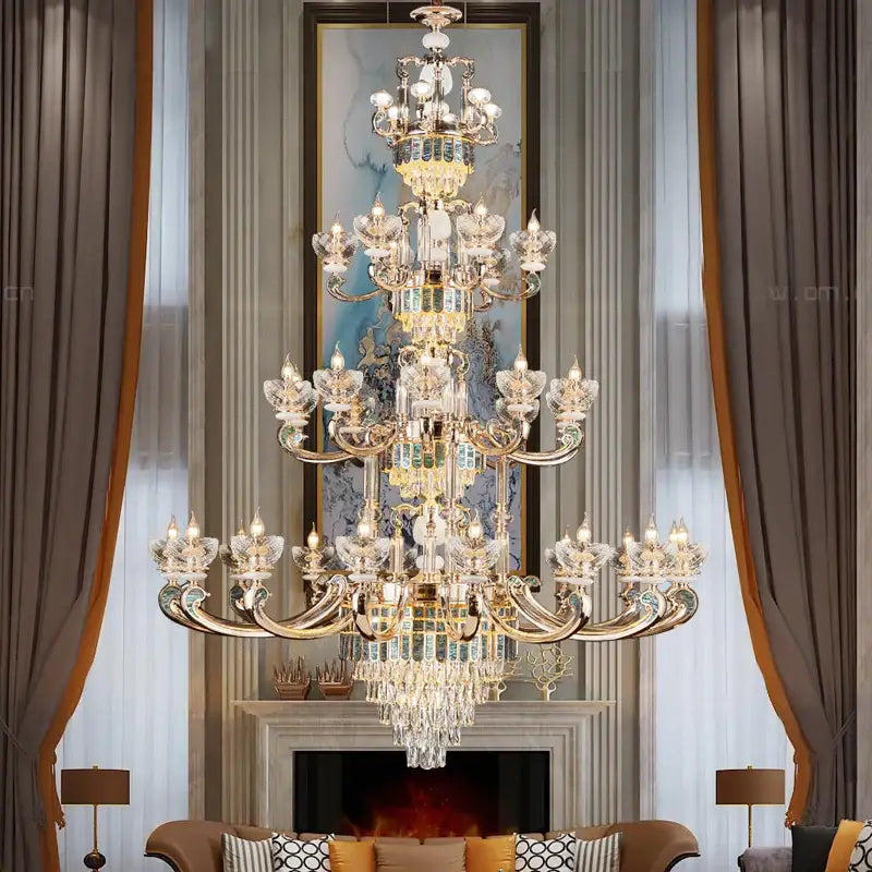 Modern gold and teal crystal candle chandelier living room light