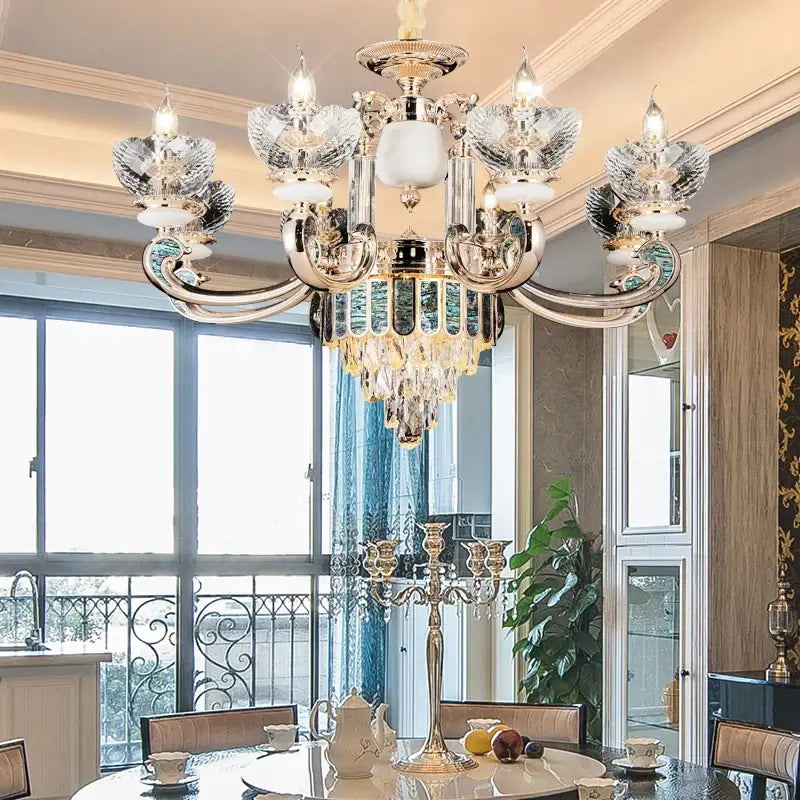Modern gold and teal crystal candle chandelier living room light