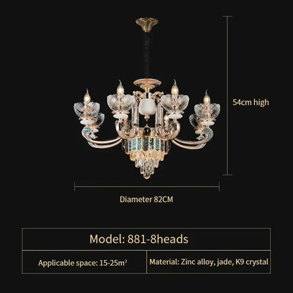 Modern gold and teal crystal candle chandelier living room light