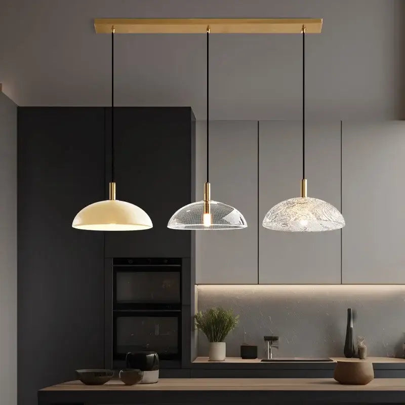 Modern gold and textured glass pendant light for kitchen dining room