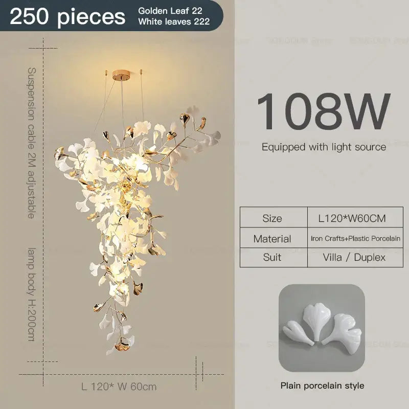 Modern gold and white gingko leaf ceramic chandelier living room light