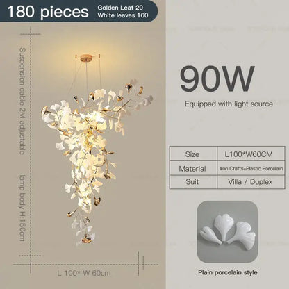 Modern gold and white gingko leaf ceramic chandelier living room light