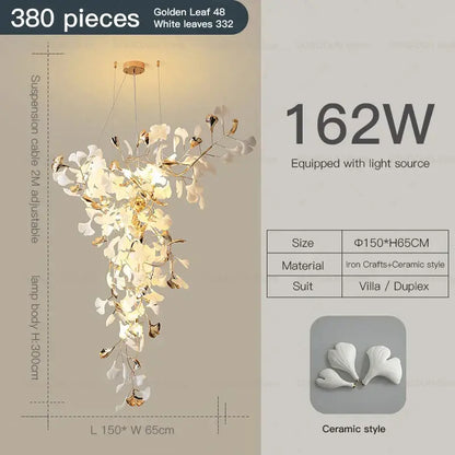 Modern gold and white gingko leaf ceramic chandelier living room light