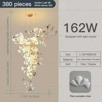 Modern gold and white gingko leaf ceramic chandelier living room light