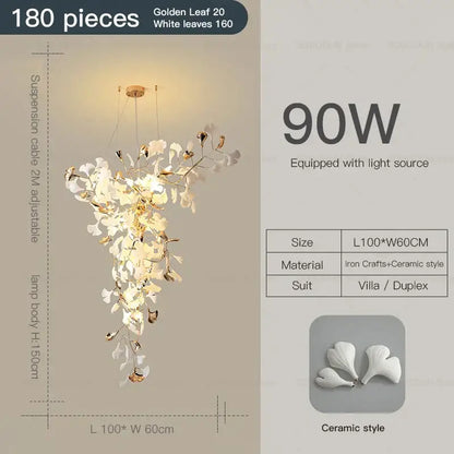 Modern gold and white gingko leaf ceramic chandelier living room light