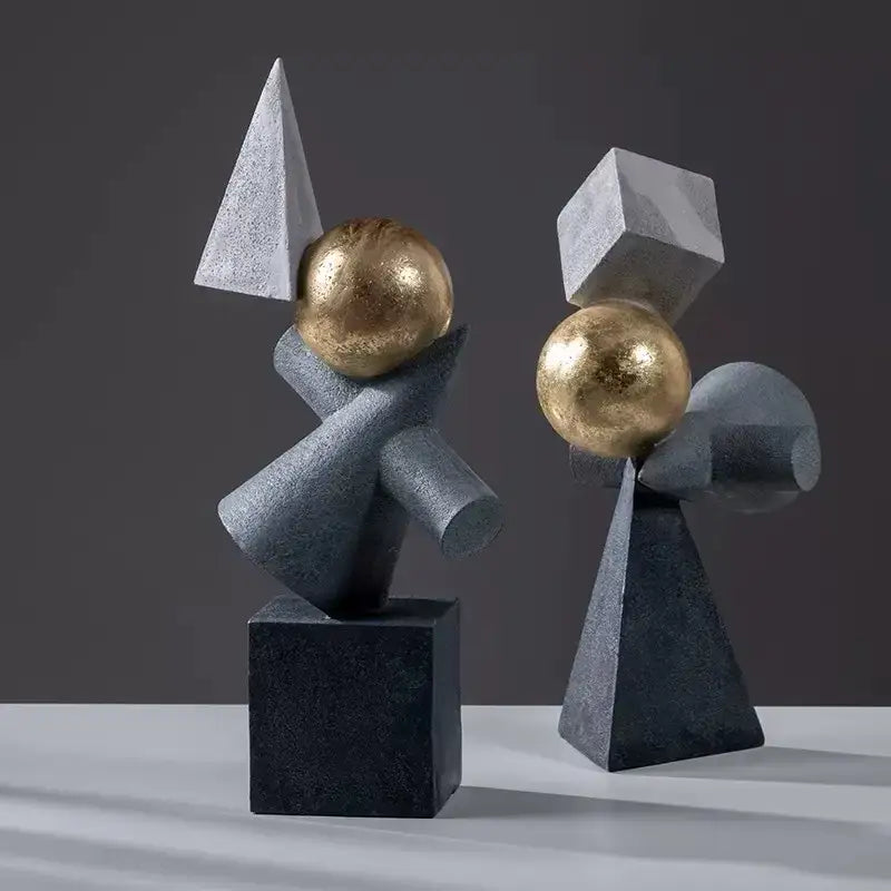 Modern gold ball triangular statues gray & white living room decor