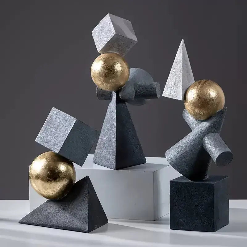 Modern gold ball triangular statues gray & white living room decor