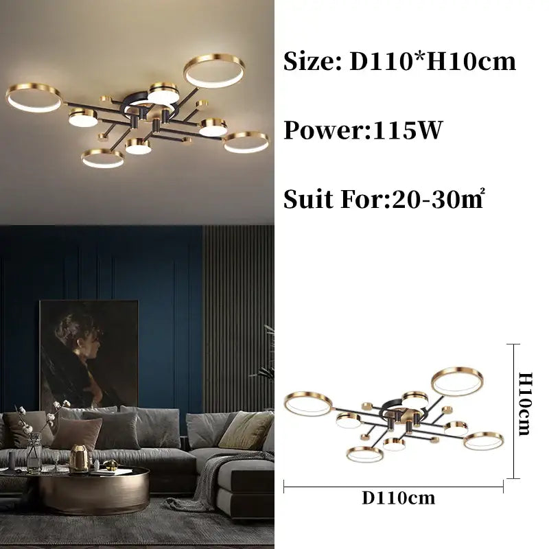 Modern gold & black circular ring pendant light for living room