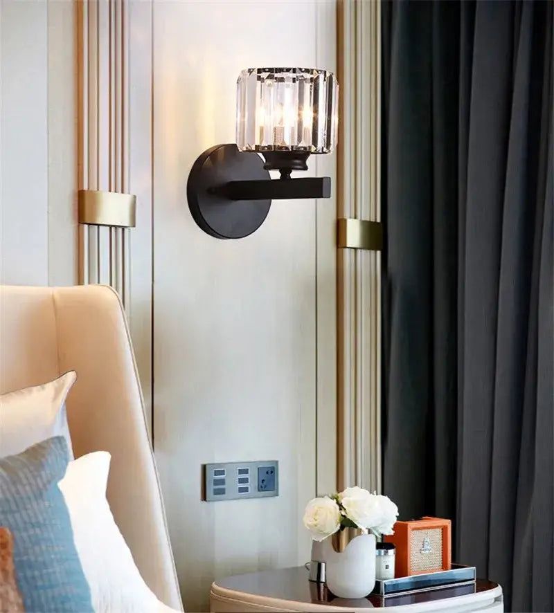Modern gold & black crystal sconce light bedroom wall fixture