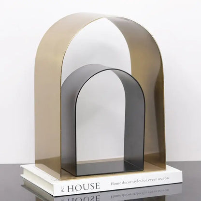 Modern gold & black golden arches metal sculpture living room bookend