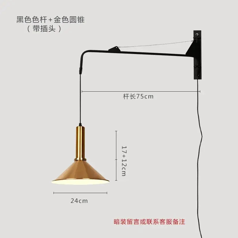 Modern gold & black swing arm wall lamp bedroom sconce