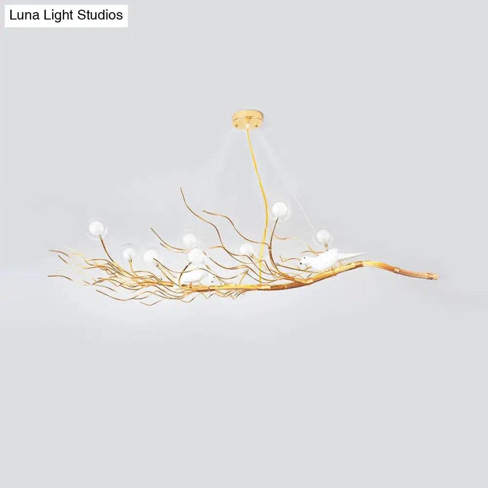 Modern gold branch pendant light with birds for dining room