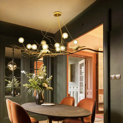 Modern gold branch pendant light with birds for dining room