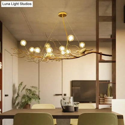 Modern gold branch pendant light with birds for dining room