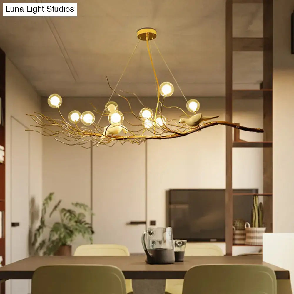 Modern gold branch pendant light with birds for dining room