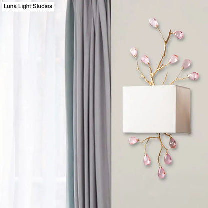 Modern gold branch wall sconce bedroom light with pink crystal accent