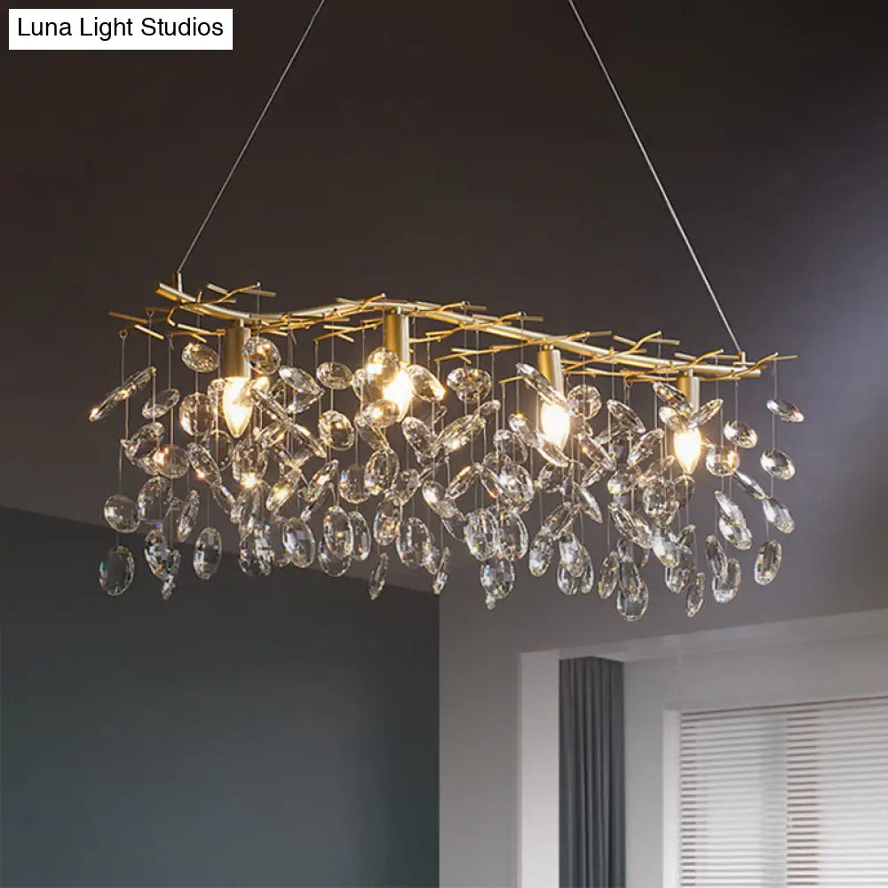 DecorBites™ Modern Gold Branching Island Hanging Lamp with Crystal Droplets - 4-Bulb Metallic Pendant Light