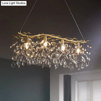 DecorBites™ Modern Gold Branching Island Hanging Lamp with Crystal Droplets - 4-Bulb Metallic Pendant Light