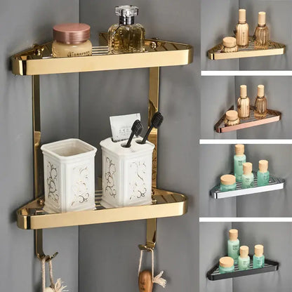 Modern gold brass bathroom shower rack with hooks – bathroom shelf