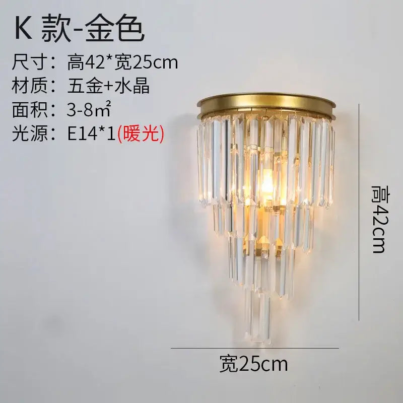 Modern gold brass crystal wall sconce bedroom light