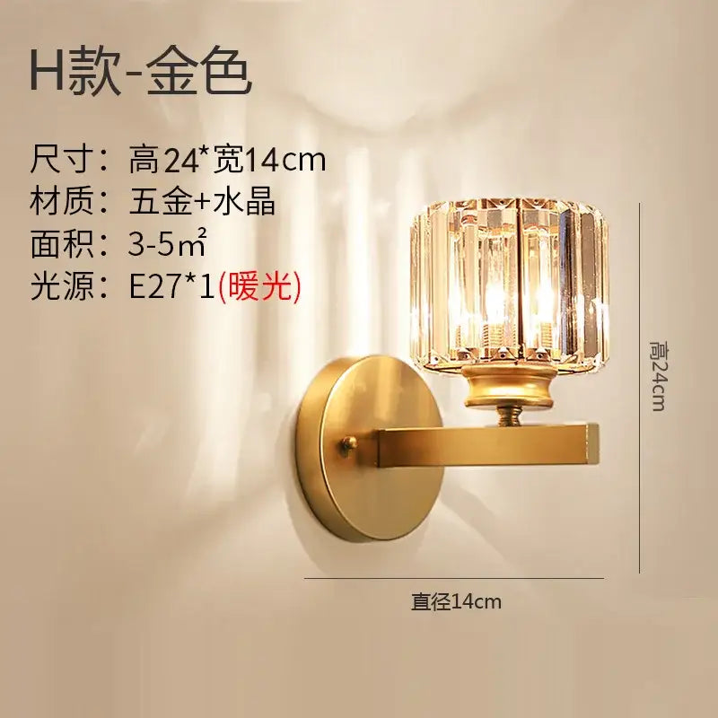 Modern gold brass crystal wall sconce bedroom light