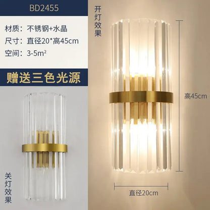 Modern gold brass crystal wall sconce bedroom light