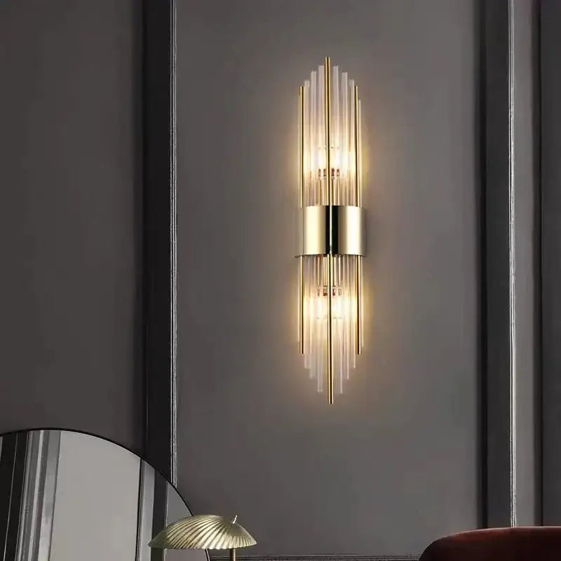 Modern gold & brushed steel glass rod wall lamp for living room