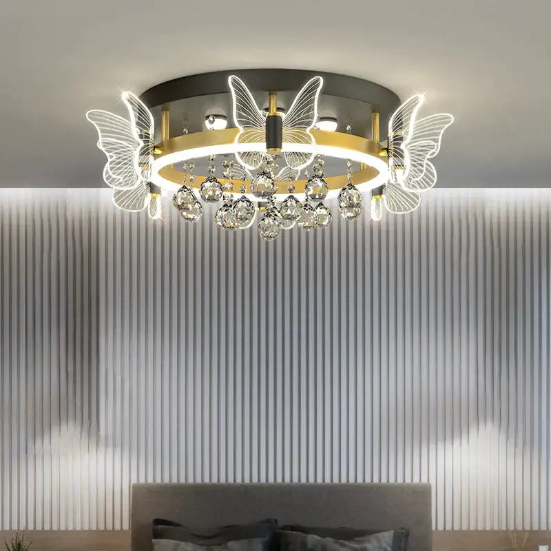 Modern gold butterfly crystal ceiling light bedroom decor