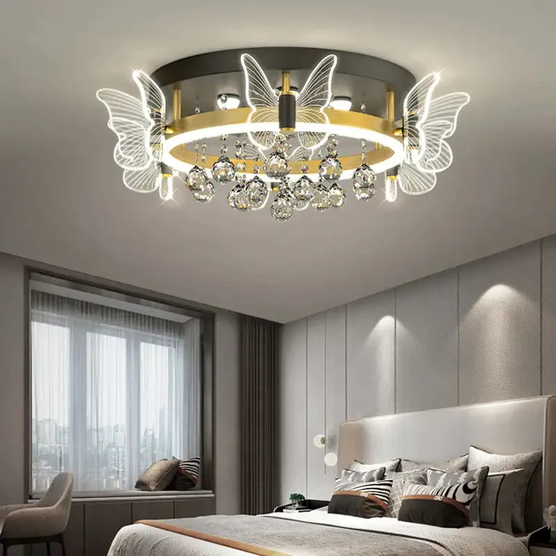 Modern gold butterfly crystal ceiling light bedroom decor