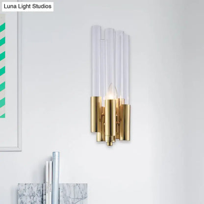 Modern gold candelabra sconce with flute crystal shade bedroom light