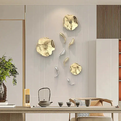 Modern gold carp fish lotus leaf wall pendant living room decor