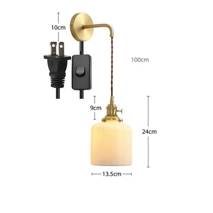 Modern gold ceramic wall lamp with ribbed shade for bedroom