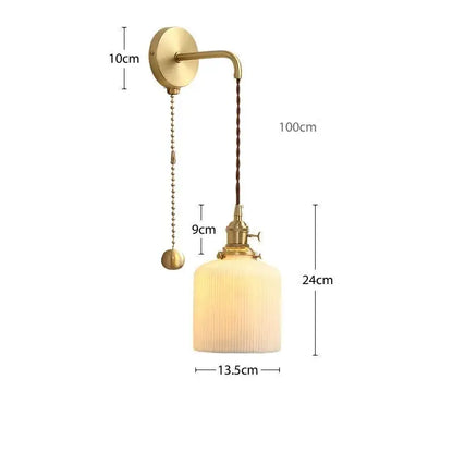 Modern gold ceramic wall lamp with ribbed shade for bedroom