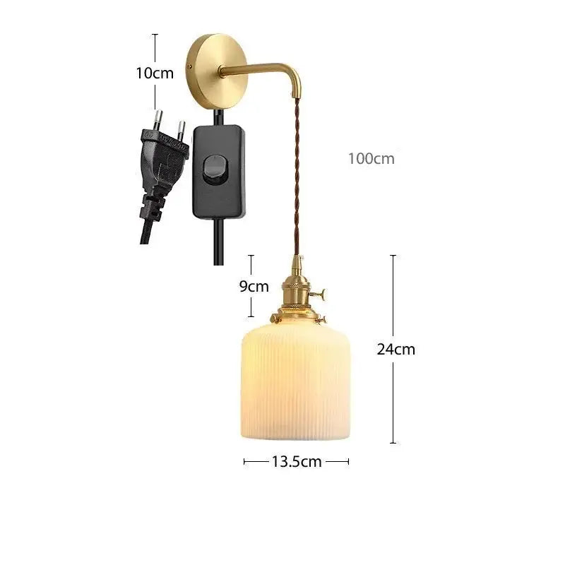 Modern gold ceramic wall lamp with ribbed shade for bedroom