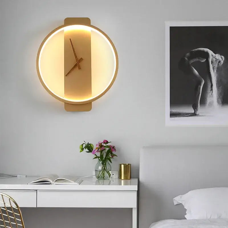 Modern gold circular led wall lamp wall clock bedroom backlight