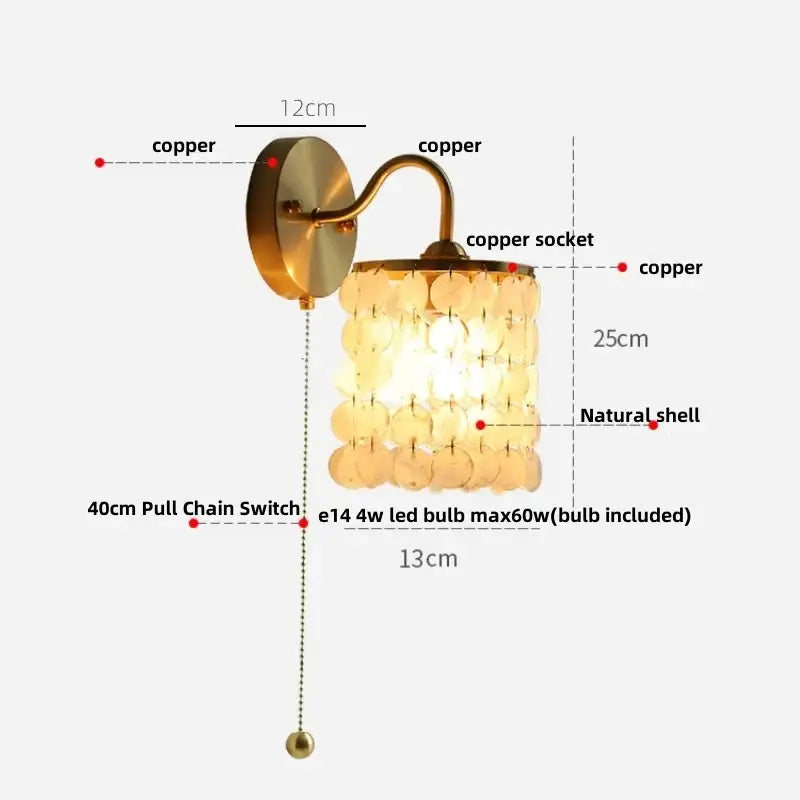 Modern gold conch shell wall light fixture bedroom pull chain switch