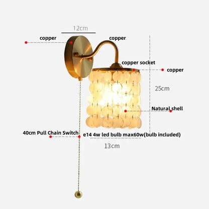 Modern gold conch shell wall light fixture bedroom pull chain switch