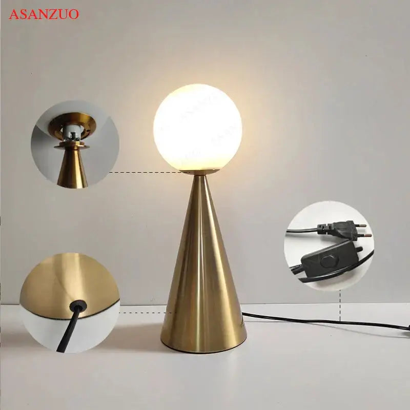 Modern gold cone glass table lamp bedroom frosted globe light