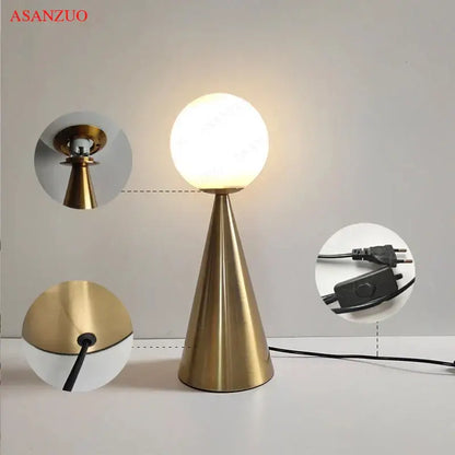 Modern gold cone glass table lamp bedroom frosted globe light